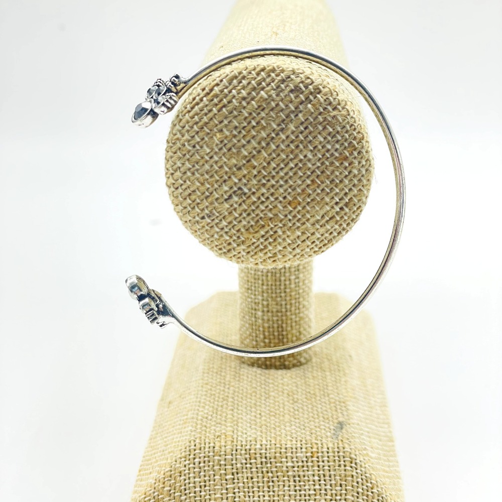 Silver Tone Open Cuff Bracelet Black Rhinestone Floral End Caps Adjustable